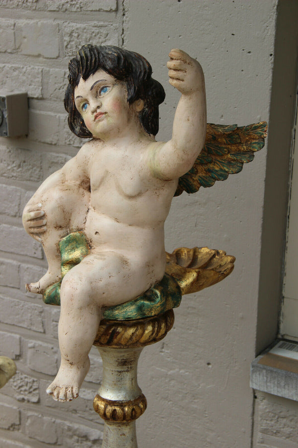 XXL Antique Italian church wood carved  putti angel holy water font statue