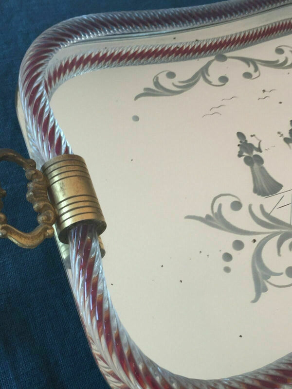 Etched MURANO mirror Glass victorian figurines Scene tray plate presentation 60