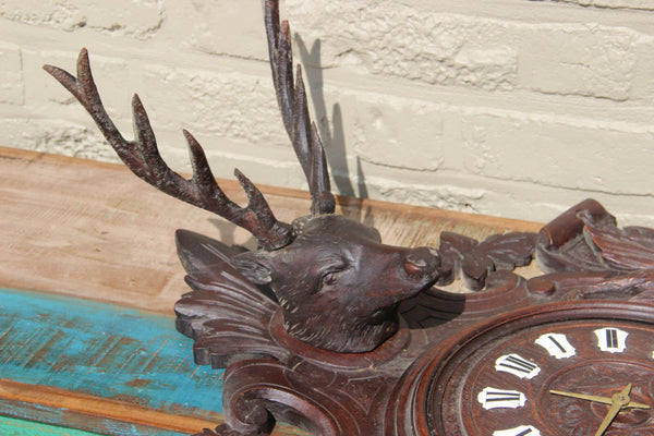 antique German 1900 Black forest wood carved Wall clock hunting trophy fish bird