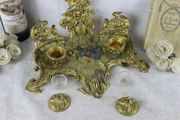 LARGE Antique French Castle gothic Dragon devil putti Bronze inkwell top piece