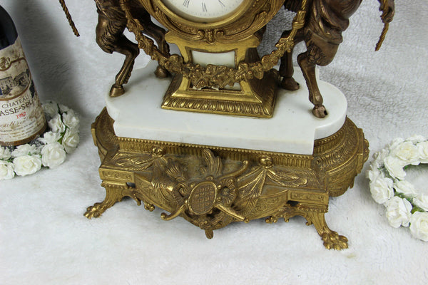 HUGE Bronze White marble putti faun figurines  mantel clock
