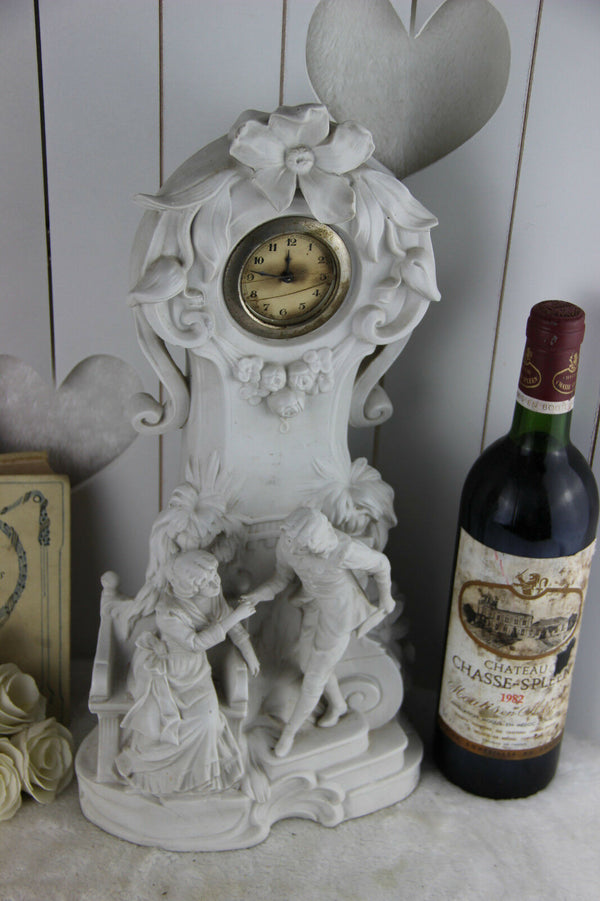 French vintage Bisque porcelain romantic couple clock group 1960