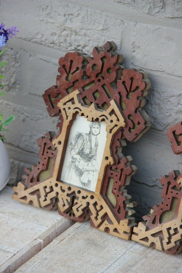 PAIR antique french art nouveau wood carved photo picture frames rare