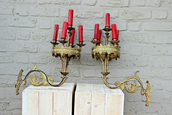 RARE PAIR French antique bronze church religious Wall lights sconces neo gothic