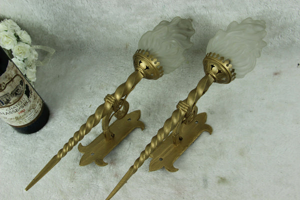 PAIR French cast iron gothic castle Flame shade sconces Wall lights 1950