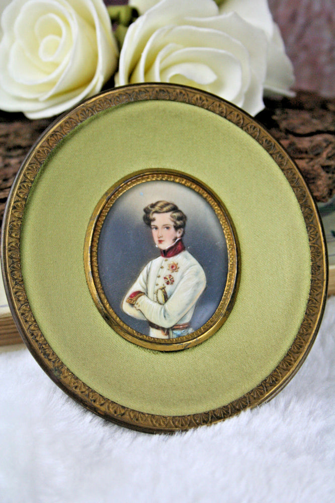 French 1900 Napoleon son duke officer military Miniature portrait painting signe