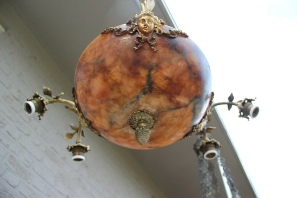 Gorgeous French amber alabaster bowl coupe caryatid heads chandelier lamp