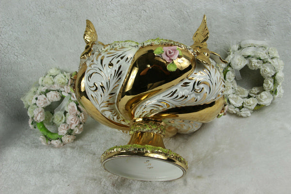 Vintage italian porcelain Centerpiece bowl with encrusted flowers and birds