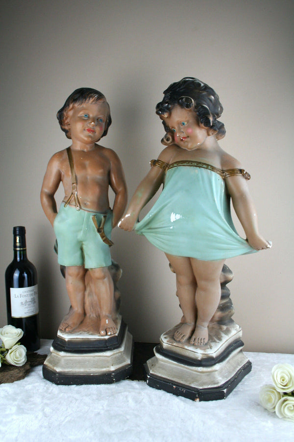PAIR huge French art nouveau Chalkware polychrome boy & girl figurine statues