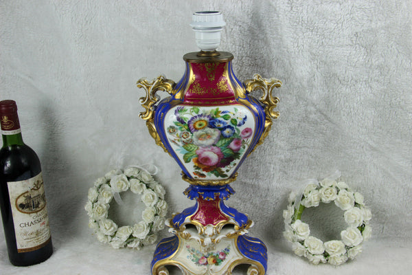 Antique French vieux old paris porcelain vase romantic dog scene floral Lamp