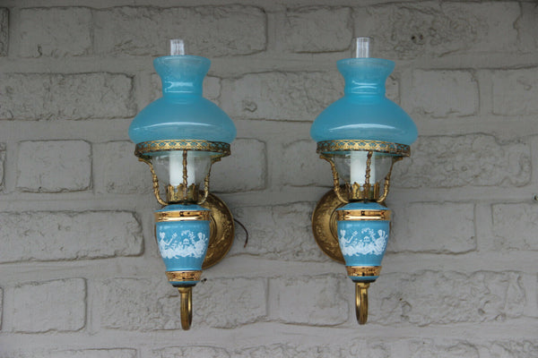 PAIR French vintage opaline Blue glass  turquoise Wall lights sconces romantic