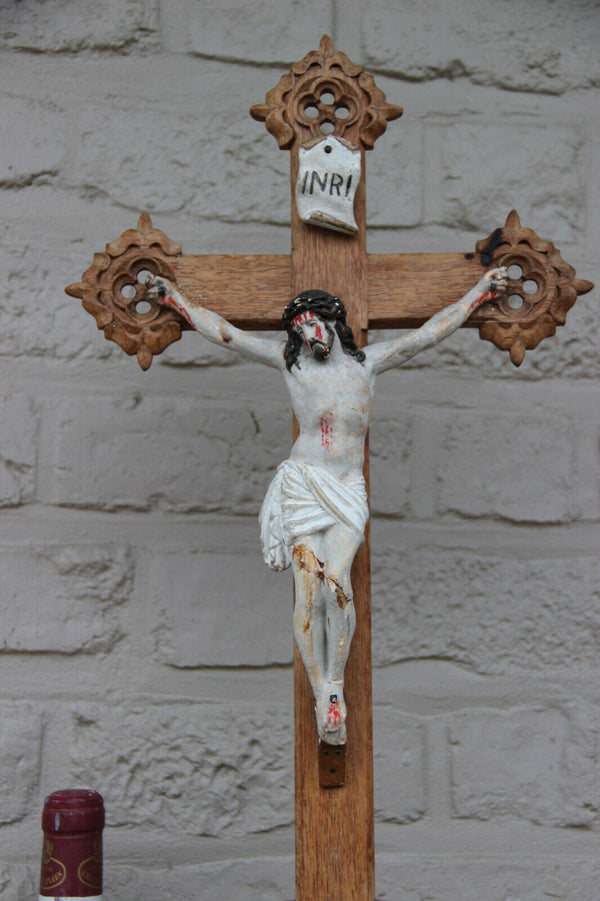 LARGE antique neo gothic wood carved crucifix chalkware christ religious