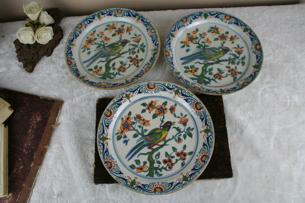 Set of 3 Antique Dutch pottery Plate with birds Makkum Tichelaar marked