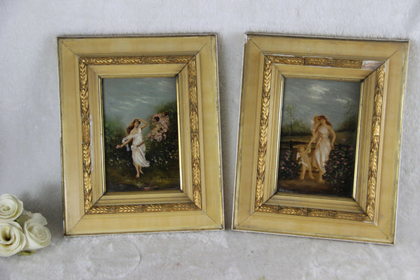 PAIR French romantic putti oil panel painting romantic scene