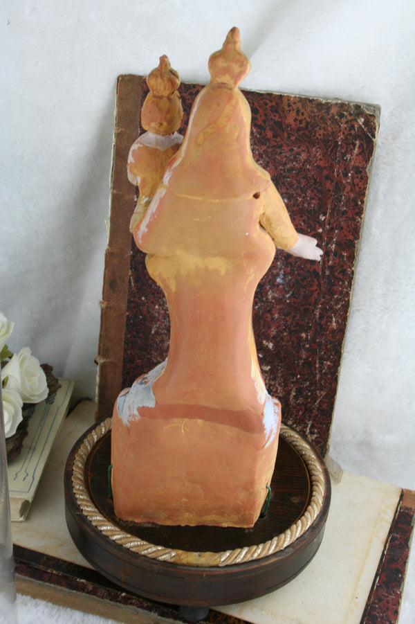 French rare polychrome 19thc Religious terracotta madonna statue glass dome