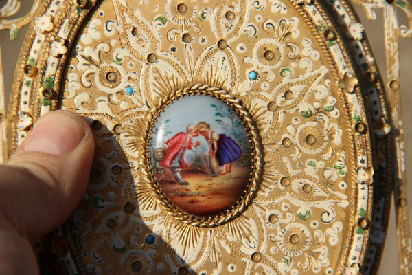 Rare french antique brass inlaid stones enamel porcelain medaillon picture frame