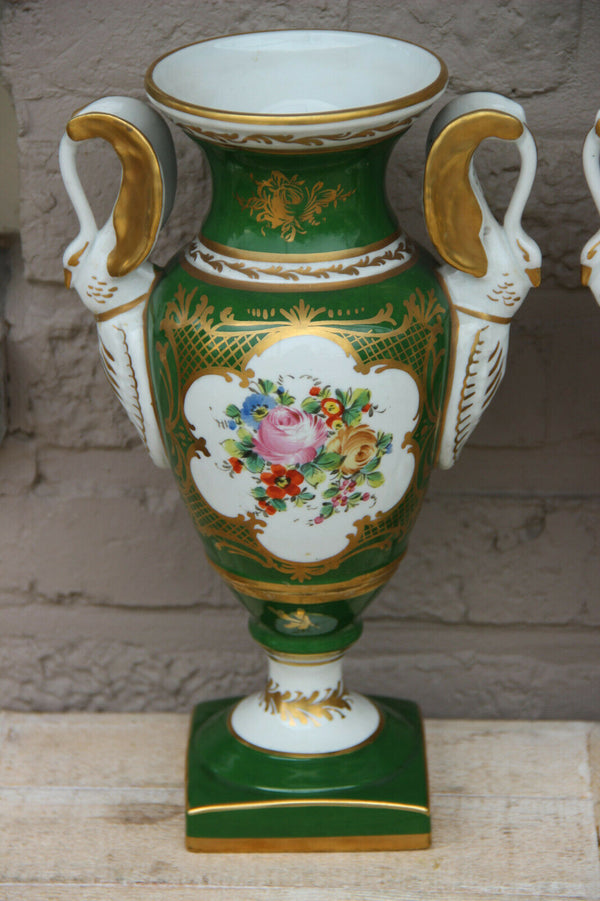 Antique Pair French vieux paris porcelain Floral vases Empire swan handle