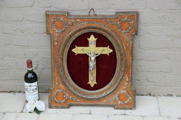 XL Antique French Religious crucifix cross frame wood plaster