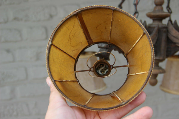 Antique French Gothic Castle 4 Dragon chimaera Chandelier wood carved 19thc