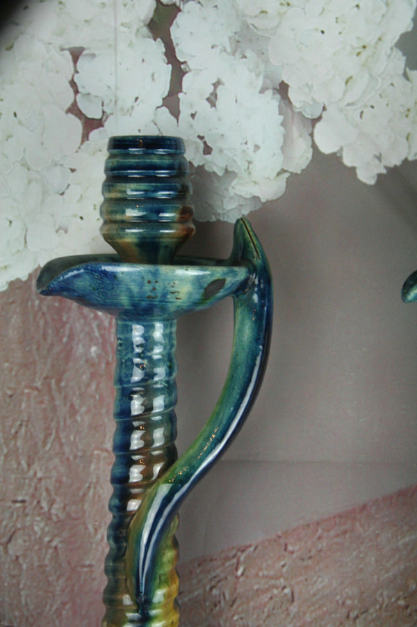 XXL PAIR Belgian Ceramic barbotine Candle holders snakes art nouveau 1900