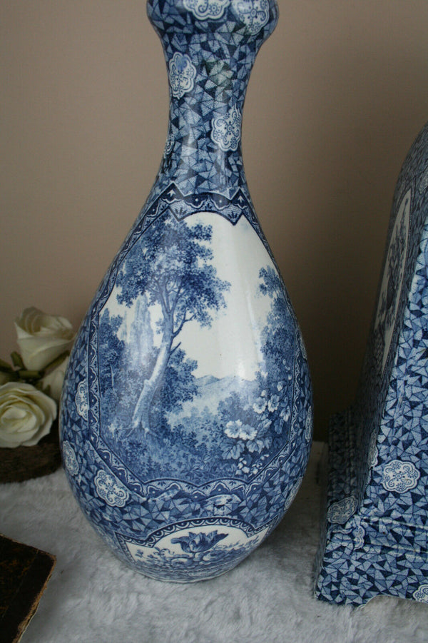 Boch Pottery Clock set Vases Forest Blue white delft decor 1925 marked