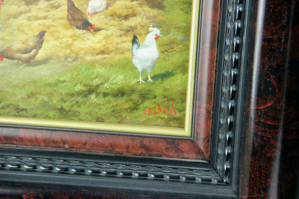 PAIR oil panel painting Sheep lamb chicken rooster farm signed HILAIRE BALS