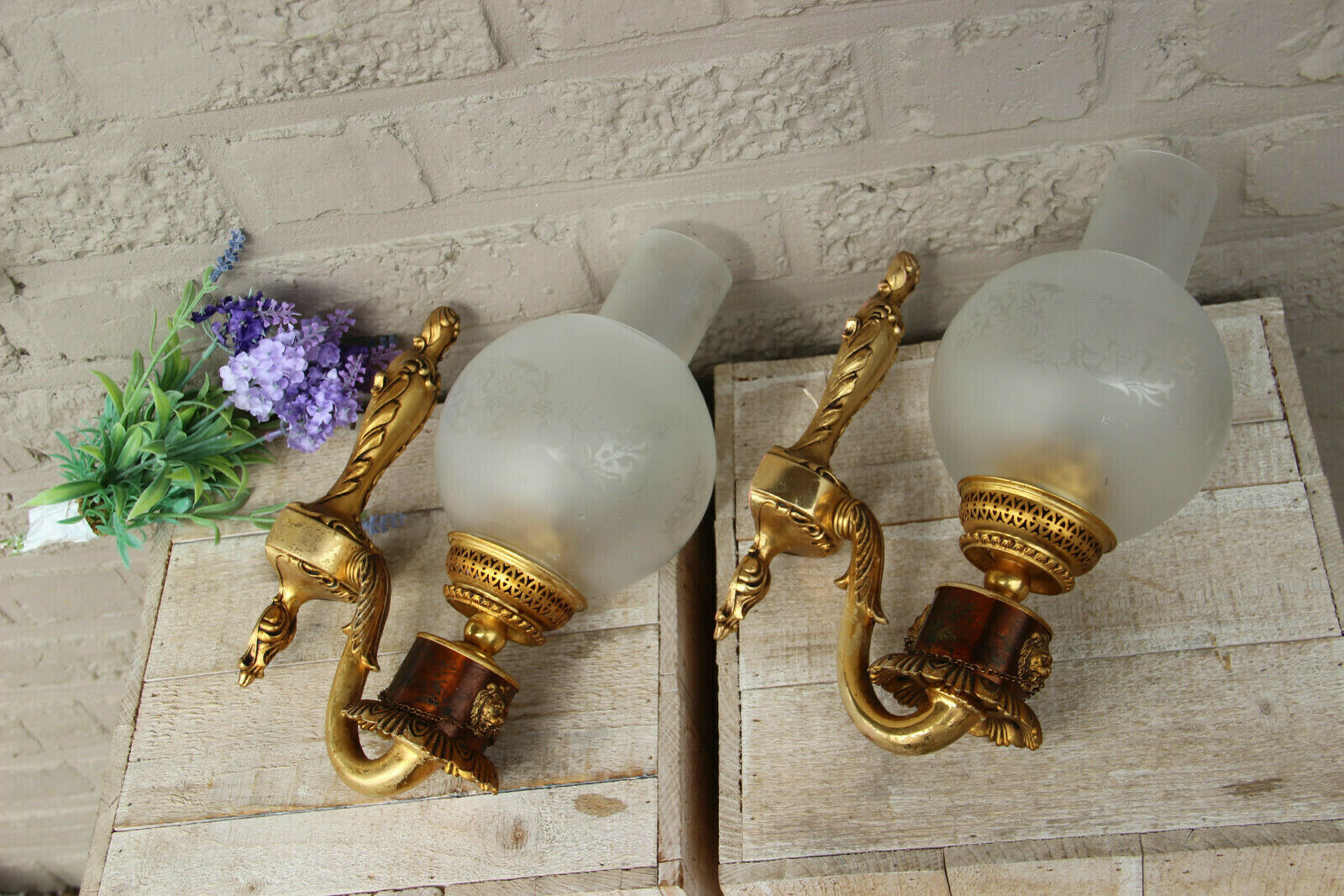 PAIR vintage 1960 French brass metal Lion head wall lights sconces glass globe
