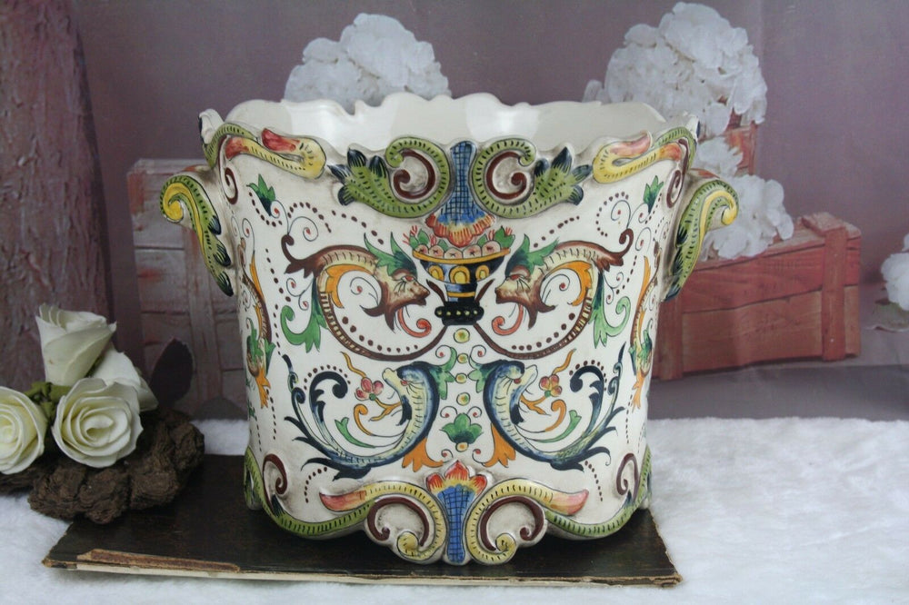 French 1900 Faience porcelain planter jardiniere Mythological Dragons gothic