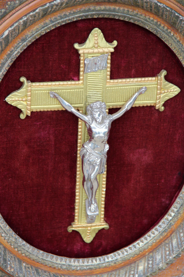 XL Antique French Religious crucifix cross frame wood plaster