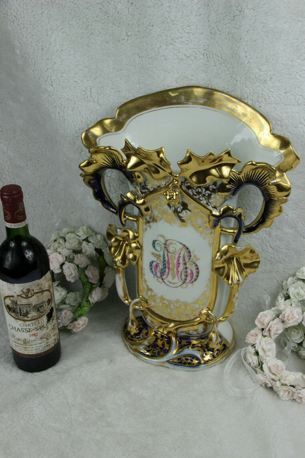XL antique French vieux paris monogram Porcelain Vase
