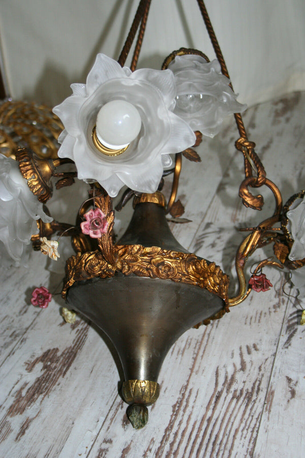 Antique French Empire style Bronze Brass tole putti angel Chandelier porcelain