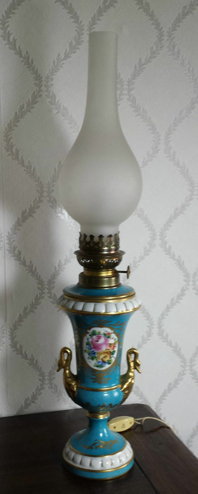 Antique french vieux paris porcelain Swan empire floral lamp marked