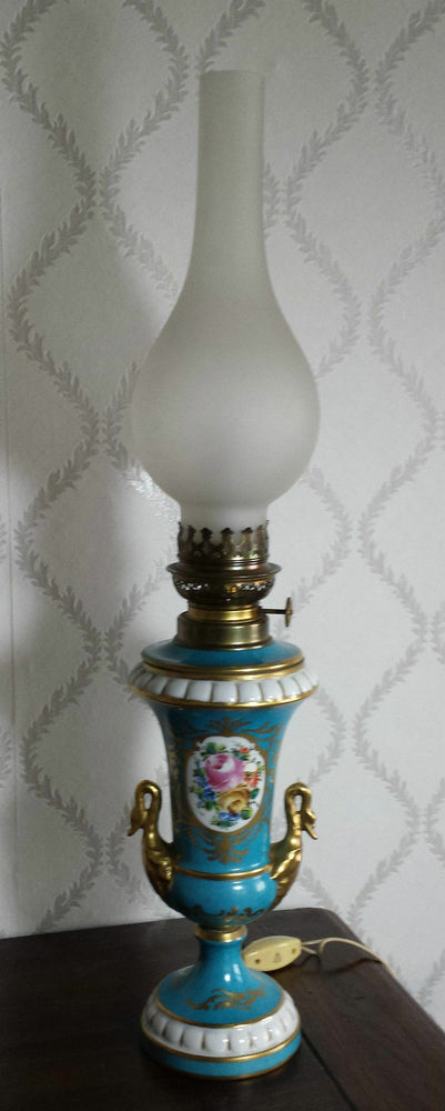 Antique french vieux paris porcelain Swan empire floral lamp marked
