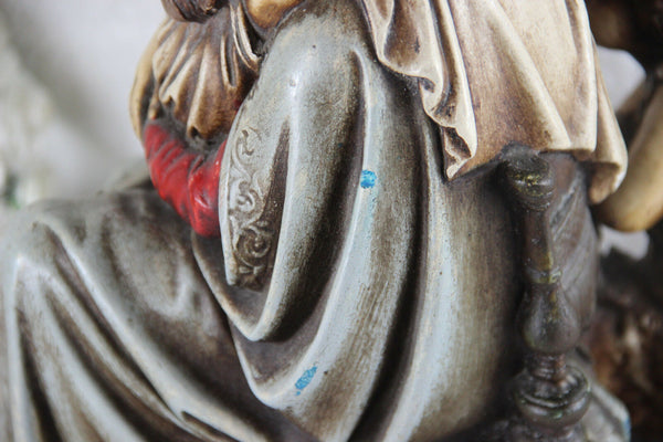 Antique French Religious chalkware polychrome statue madonna jesus john baptist