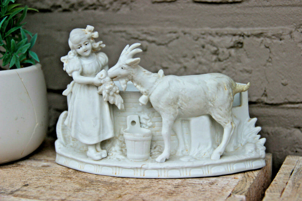 French vintage Small bisque porcelain girl with ram planter jardiniere vase