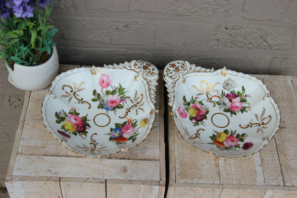 PAIR antique vieux paris old porcelain floral hand paint OYSTER plates