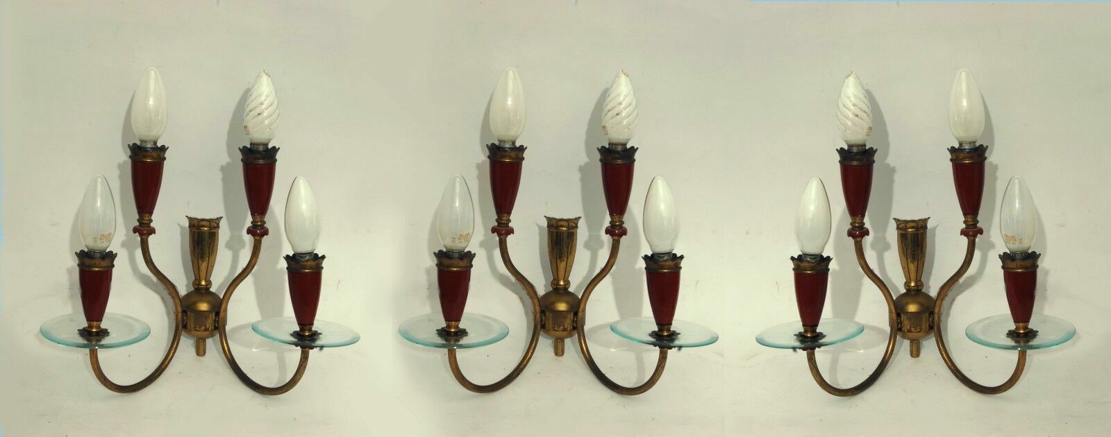 Set 3 Mid century vintage italian wall lights sconces burgundy red 4 arms 1970