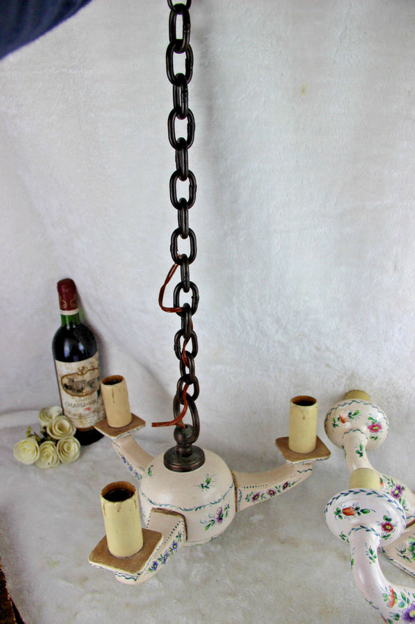 French Faience de Strasbourg Chandelier pendant with pair sconces wall lights