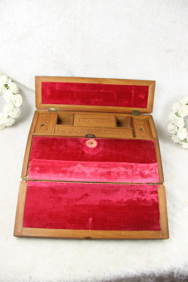 Rare Antique German hunting theme birds dogs Writing box set inlaid wood carved