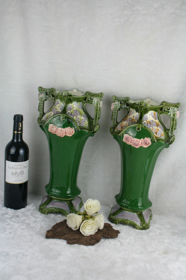 Antique pair art nouveau barbotine Vases marked