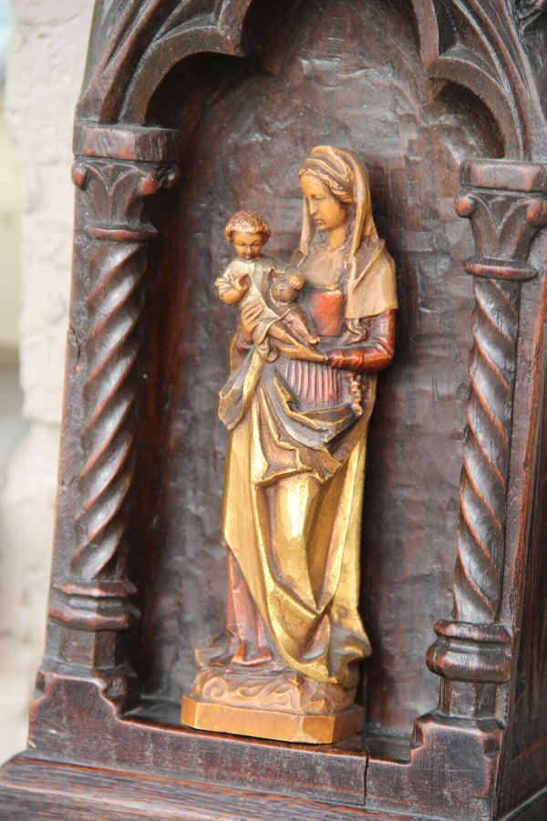 Large French neo gothic wood carved religious chapel console madonna statue