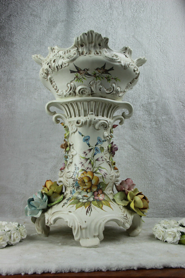 Large capodimonte Italian Ceramic relief flowers Birds 1970