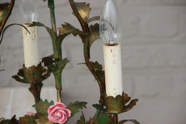 French 1970 MEtal gold gilt chandelier 3 arms majolica roses flowers