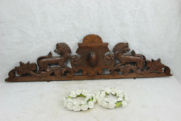 Antique large French pediment fronton wood carved lions castle cabinet top