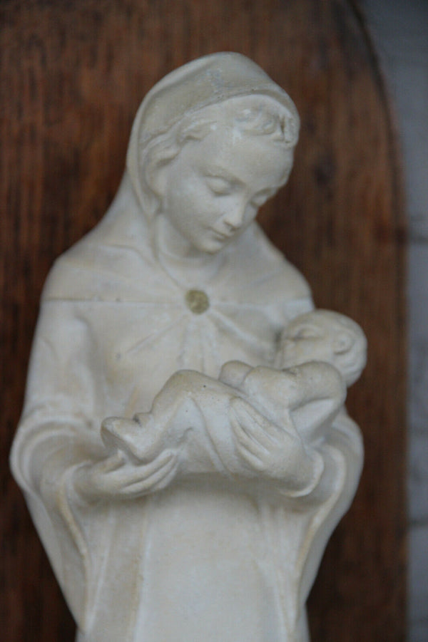 Antique French Religious chalkware Madonna statue on wood console marked