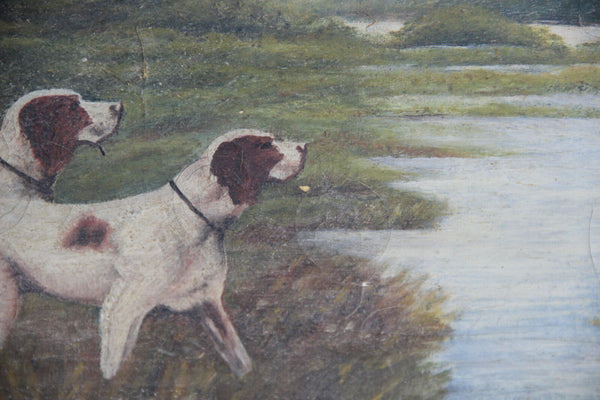 Flemish school oil canvas painting hunting dogs bird scene attr. Schouten