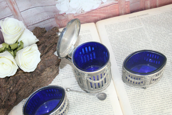 Vintage Pewter metal Salt / pepper / mustard blue cobalt glass spoon marked