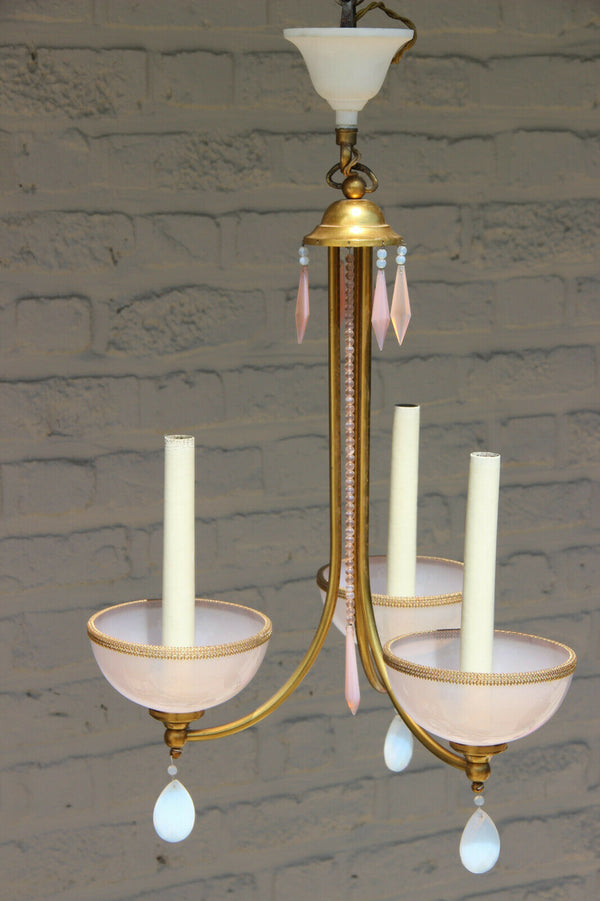 Vintage Murano opaline soft pastel pink white glass drops chandelier pendant 70s