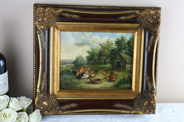 Flemish school oil panel chicken painting 1950's signed