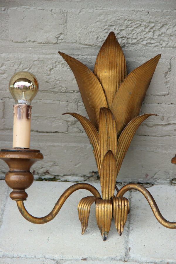 Hollywood regency PAIR Metal gold gilt wood wall lights sconces attr. jansen